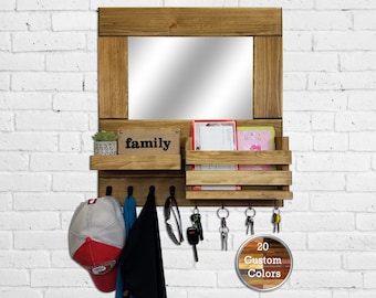 Bristol Entryway Organizer - Functional Mail Holder, Key Hooks, and Coat Hooks with Accent Mirror with Shelf