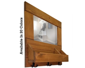 Functional and Stylish York Farmhouse Wall Decor: Entryway Organizer with Mirror, Mail Holder, Shelf, and Hooks - Custom Colors