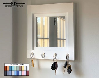 Quakertown Farmhouse Mirror With Hooks, 20 Paint Colors – Rustic Wall Decor, Key Hooks, Entryway Storage, Wall Organizer, Leash Hook Rack