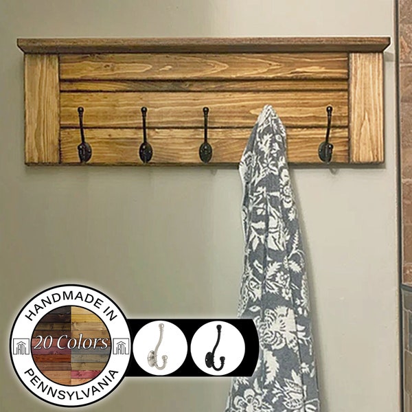 Handcrafted Rustic Coat Rack with Shelf - Langhorne Wall Mount with Hatboro Hooks, Custom Stain and Hook Finish