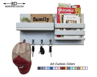 Vintage-Inspired Classic Farmhouse Organizer with Mail Holder, Shelf & Hooks in Custom Colors