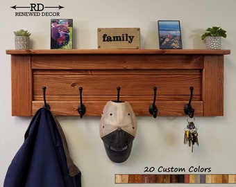 Langhorne Wall Coat Rack & Shelf with Hatboro Hooks, Wood Coat Rack, Rustic Coat Rack With Shelf, Coat Storage Entryway - 20 Custom Colors