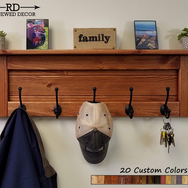 Langhorne Wall Coat Rack & Shelf with Hatboro Hooks, Wood Coat Rack, Rustic Coat Rack With Shelf, Coat Storage Entryway - 20 Custom Colors