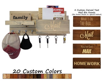 Carved Text Mail Bin Restyled Farmhouse Mail Organizer with Hooks, 20 Stain Colors - Entryway Organizer, Key Holder for Wall, Wall Shelf