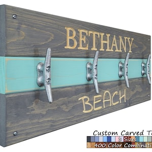 Beach Custom Text Boat Cleat Wall Hooks - 20 Stain Colors & 20 Paint Colors - Beach Towel Rack, Nautical Home Decor - Vacation Home Decor