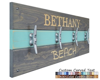Beach Custom Text Boat Cleat Wall Hooks - 20 Stain Colors & 20 Paint Colors - Beach Towel Rack, Nautical Home Decor - Vacation Home Decor