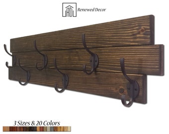 American Farmhouse Wood Wall Hook Rack - 20 Stain Colors - Coat Rack, Hat Rack, Clothing Rack, Entryway Hooks - Coat Hooks, Rustic Decor