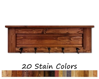 Chapel Hill Wall Rack & Shelf with Vintage Hooks, 20 Stain Colors - Coat Hook, Leash Hook, Entryway Floating Shelf, Wall Storage, Key Hooks