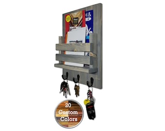 Sydney Slat Front, Mail Holder Organizer and Key Holder, Available with up to 3 Single Key Hooks – 20 Custom Colors: Shown in Classic Gray