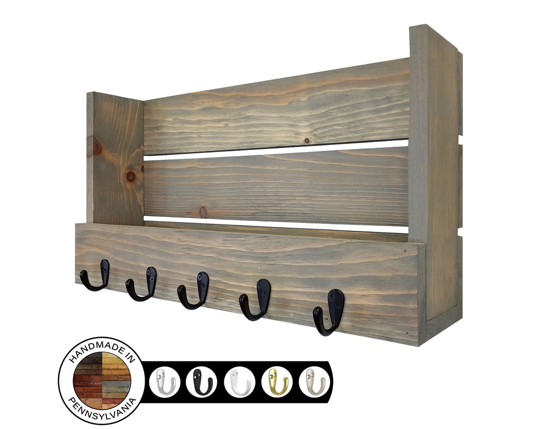 Rustic Mill Barn Wood Wall Shelf With Hooks Perfect for Entryways