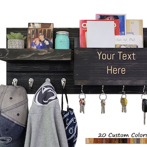 Handcrafted Restyled Farmhouse Entryway Organizer with Personalized Text, Mail Holder, Display Shelf, and Hooks - Custom Stain Colors