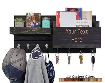 Handcrafted Restyled Farmhouse Entryway Organizer with Personalized Text, Mail Holder, Display Shelf, and Hooks - Custom Stain Colors