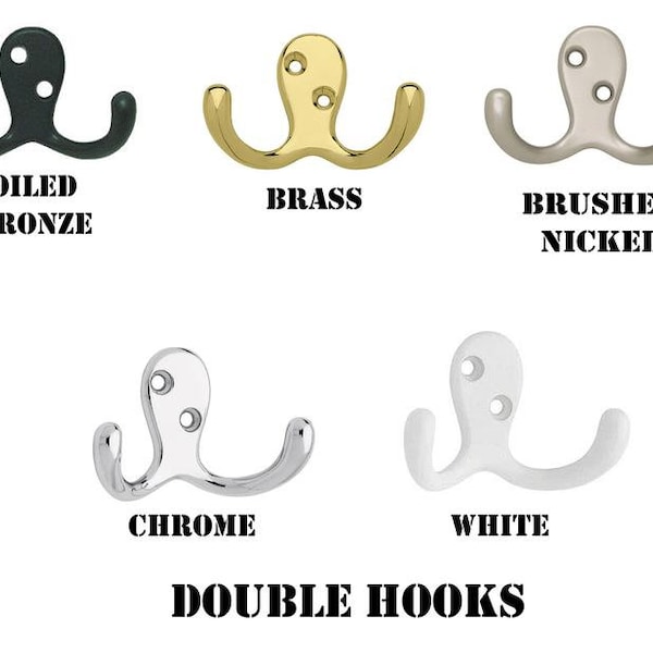 Double Prong Coat Hook - Available in 5 Finishes - Wall Hook - Towel Hook - Purse Hook - Key Hook - Hat Hook - Bathroom Hook - Nursey Hooks