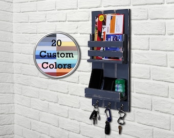 Bradford Vertical Wall Organizer: Rustic Entryway Mail Organizer Perfect for your Home Office- Includes Key Hooks and Floating Shelf