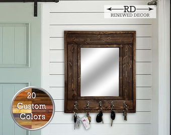 Millwood Mirror with Hooks, 20 Stain Colors – Rustic Decor, Decorative Mirror, Wall Hook, Wall Decor, Home Decor, Hook Rack, Renewed Decor