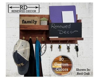 Restyled Rustic Entryway Organizer with Coat Hooks, Key Rack, and Chalkboard Message Board - Custom Colors