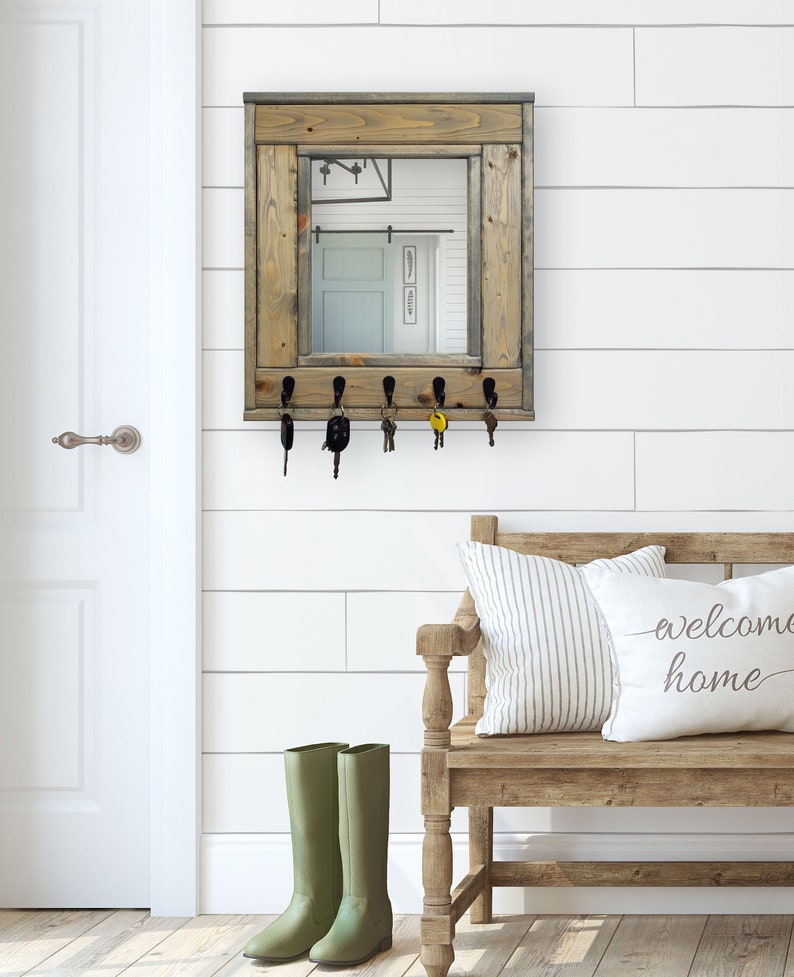 Millwood Mirror With Hooks 20 Stain Colors Wall Hook Rack Etsy