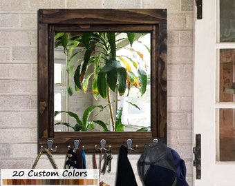 Reading Mirror with Double Hooks, 20 Stain Colors - Coat Rack, Decorative Mirror, Entryway Organizer, Key Holder, Coat Hooks, Wall Mirror