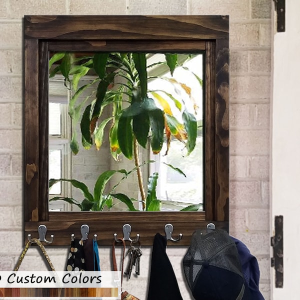 Reading Mirror with Double Hooks, 20 Stain Colors - Coat Rack, Decorative Mirror, Entryway Organizer, Key Holder, Coat Hooks, Wall Mirror