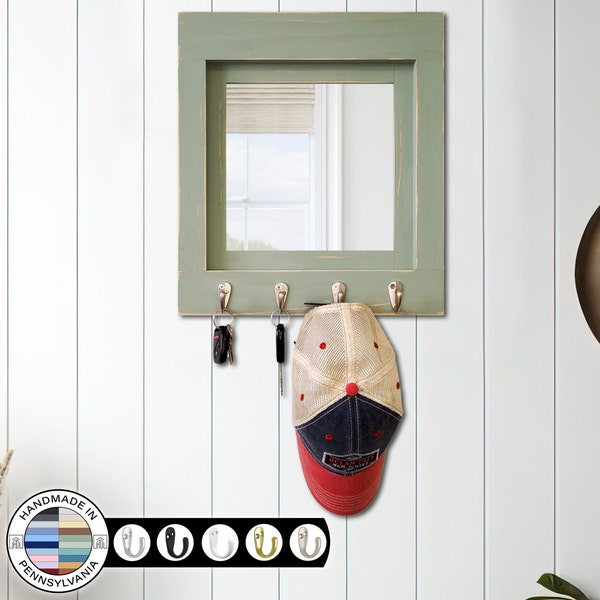 Quakertown Farmhouse Mirror With Hooks, 20 Paint Colors – Rustic Wall Decor, Custom Key Holder, Entryway Organizer, Decorative Mirror