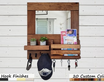 Bristol Entryway Organizer - Functional Mail Holder, Key Hooks, and Coat Hooks with Decorative Accent Mirror