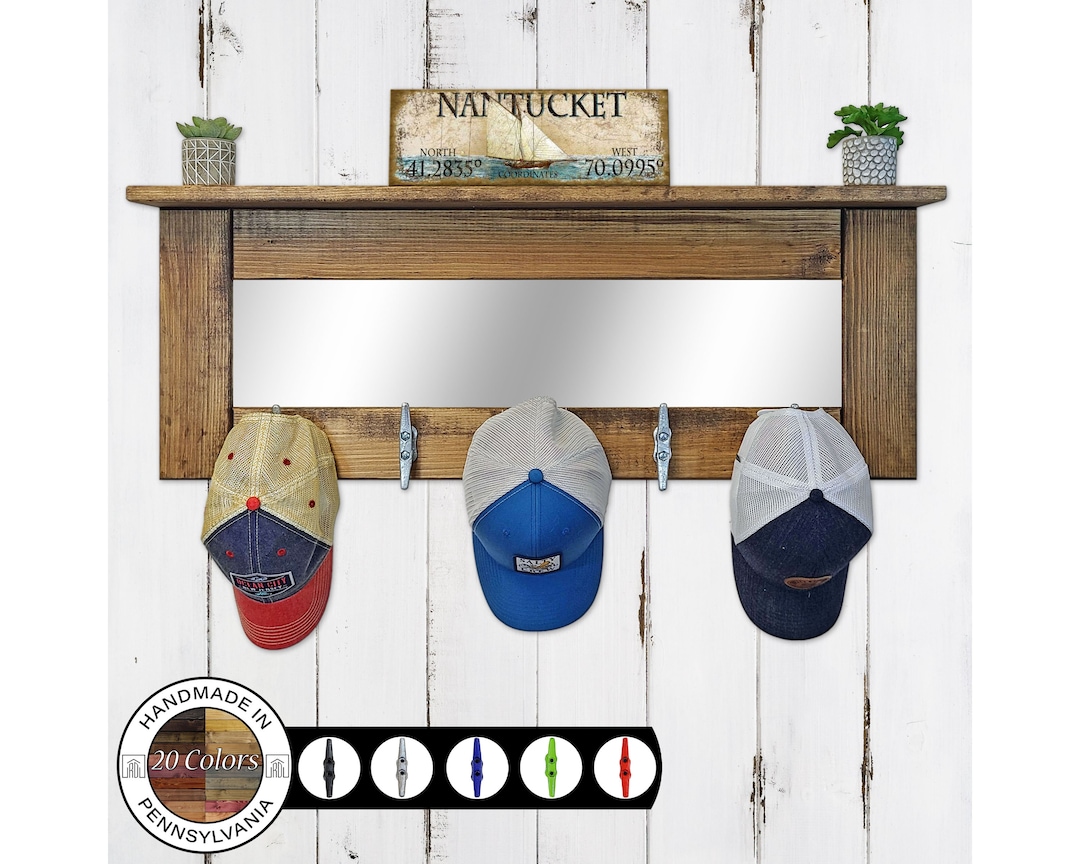 Longport Nautical Boat Cleat Hook Rack With Mirror and Shelf Coastal Home Decor, Entryway Wall