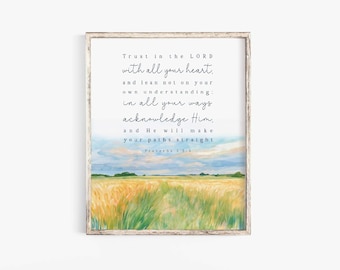 Proverbios 3:5 Confía en el Señor con todo tu corazón Versículo bíblico Arte de pared Impresión Oración cristiana en la montaña Guardería Escritura imprimible Letrero de Jesús
