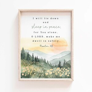 Psalm 4:8 Ik zal me allebei in vrede neerleggen en slapen Bijbelvers muur kunst doop cadeau bid gebed schrift afdrukbare kinderkamer kerkposter