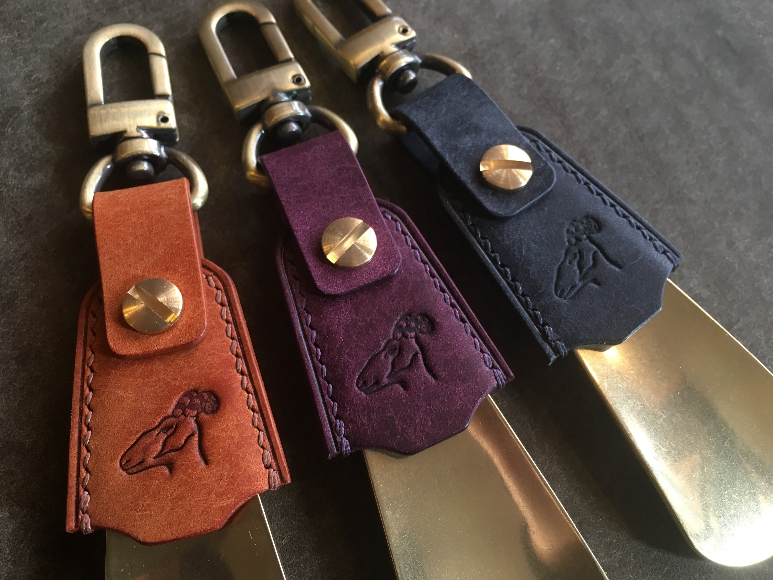 Shoehorn Brass Shoehorn keyring Shoe horn leather keyring Etsy