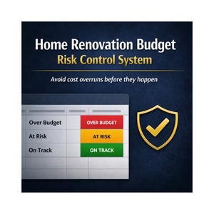 May include: A graphic with the text "Home Renovation Budget Risk Control System." It includes a spreadsheet with "Over Budget," "At Risk," and "On Track" indicators, and a gold shield with a checkmark.
