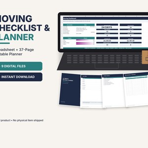 Könnte beinhalten: Ein digitales Umzugs-Checklisten- und Planer-Set mit einem Laptop, der ein Dashboard mit Datentabellen und Fortschrittsbalken anzeigt, sowie mehreren offenen, ausdruckbaren Seiten mit Spalten und Zeilen, beschriftet als Moving Checklist & Planner.