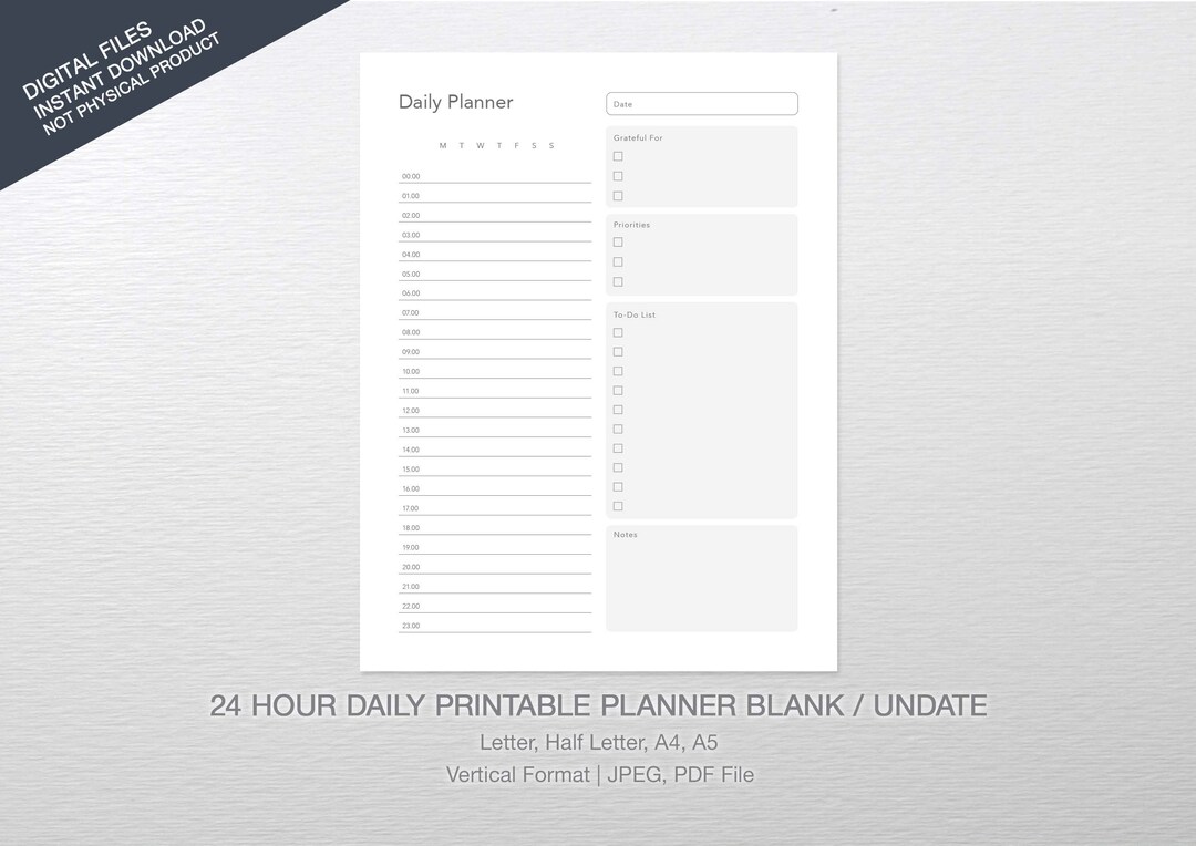24 Hour Daily Planner Printable, Blank Undated Agenda (PDF) - Etsy