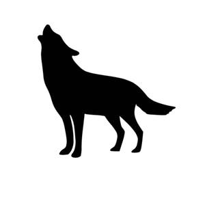 May include: Black silhouette of a wolf howling at the moon.