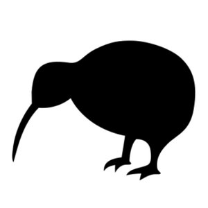 May include: Black silhouette of a kiwi bird with its beak pointed down.