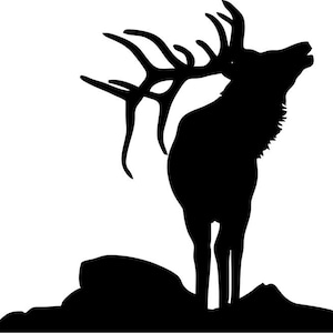 May include: Black silhouette of an elk with large antlers standing on a rocky surface.