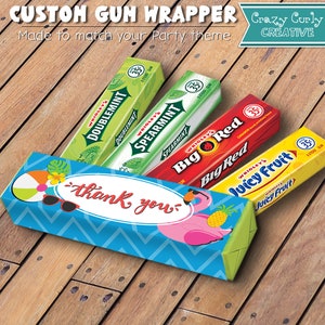 May include: Four packs of chewing gum with custom wrappers featuring a tropical theme. The wrappers are blue with a pink flamingo, sunglasses, a beach ball, and the text "thank you". The gum flavors are Doublemint, Spearmint, Big Red, and Juicy Fruit.