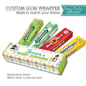 May include: A custom gum wrapper with a pastel pink, yellow, and blue polka dot pattern. The wrapper features a cartoon image of Tweety Bird and a duck. The text "Jessica's Baby Shower" is printed on the wrapper. The wrapper is designed to look like a pack of chewing gum.