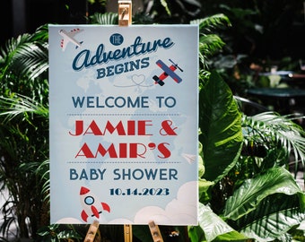 Adventure Begins Baby Shower Personalized Party Sign / Airplane Boy Baby Shower Sign / Welcome Sign Poster / Digital Download PRINT YOURSELF