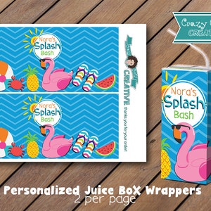 May include: Printable juice box wrappers with a blue background and a pink flamingo with sunglasses. The text "Nora's Splash Bash" is on the wrapper.