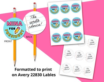 Campaign Election "Write Choice" Pencil Topper Tags – Personalized Printable 2.5" Circle Stickers with Name & Title for VOTE Giveaways