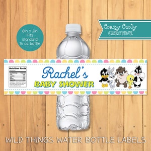 Baby Looney Time Waterproof Water Bottle Labels- 8&quot; x 2&quot; WATER BOTTLE LABELS  Printed and Shipped
