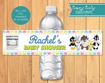 Baby Looney Time Waterproof Water Bottle Labels- 8" x 2" WATER BOTTLE LABELS  Printed and Shipped