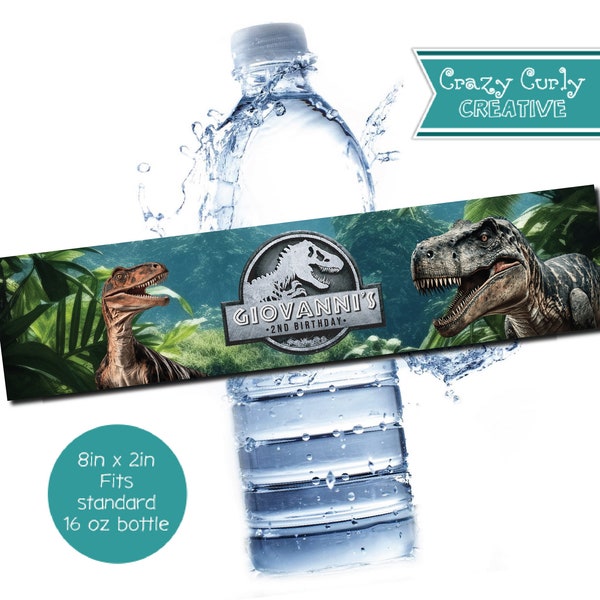 Jurassic Dinosaur Waterproof Water Bottle Labels- 8" x 2" WATER BOTTLE LABELS  Printed and Shipped