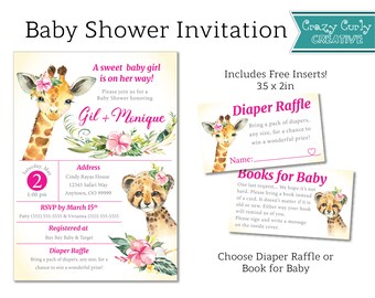 Giraffe Safari Baby Shower Invitation, FREE Insert Books for Baby or Diaper Raffle, Baby Shower Invitation, Digital or Printed