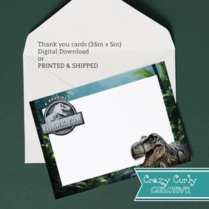 May include: Thank you card featuring a green jungle scene with a dinosaur and the text "A Roaring Thank You". The card is 3.5 inches by 5 inches and is available as a digital download or printed and shipped.