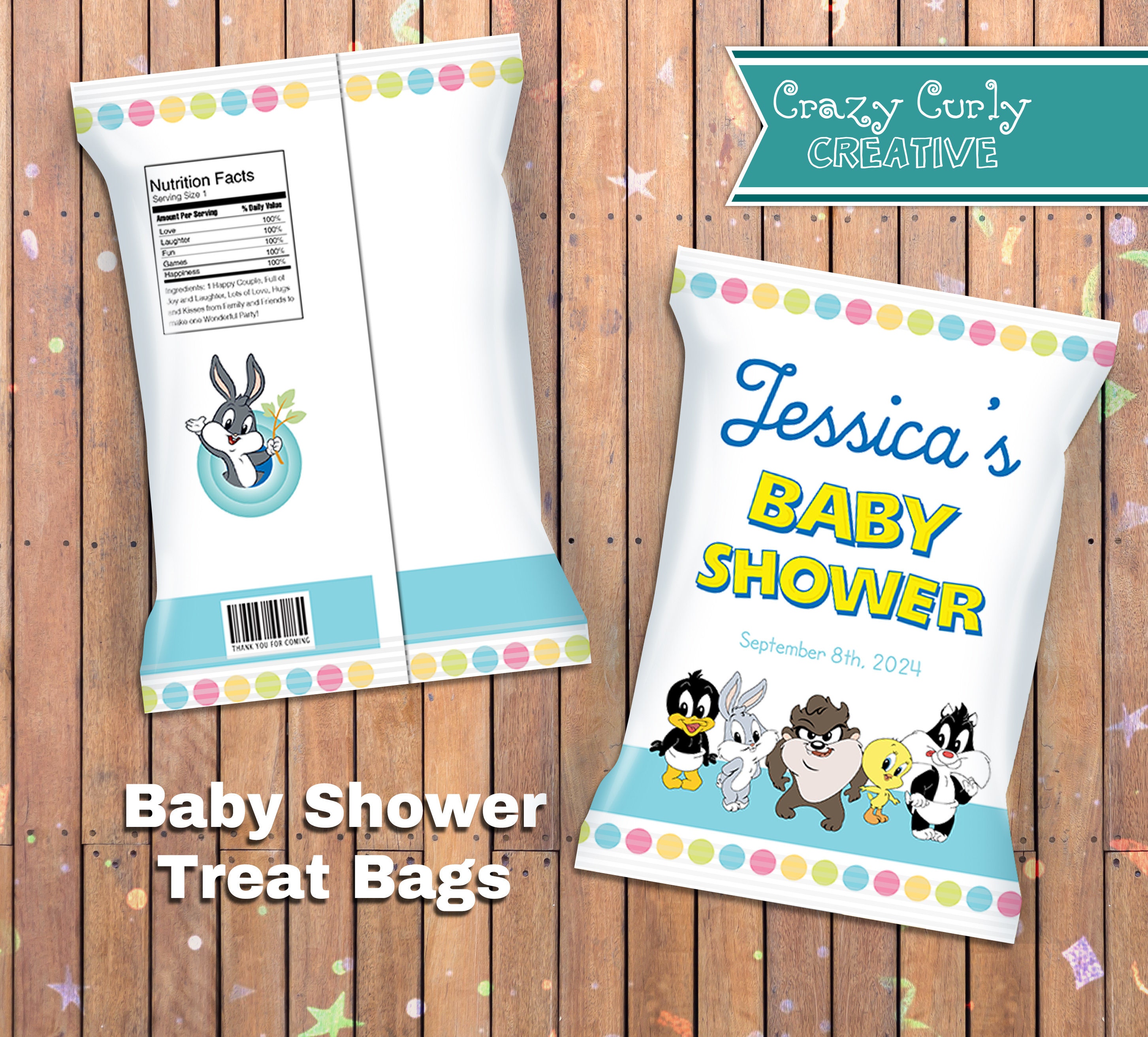 Looney Time Baby Shower Chip Bags / Custom Gender Neutral Treat Bags / Thank You/ Digital File or Assembled Set of 12