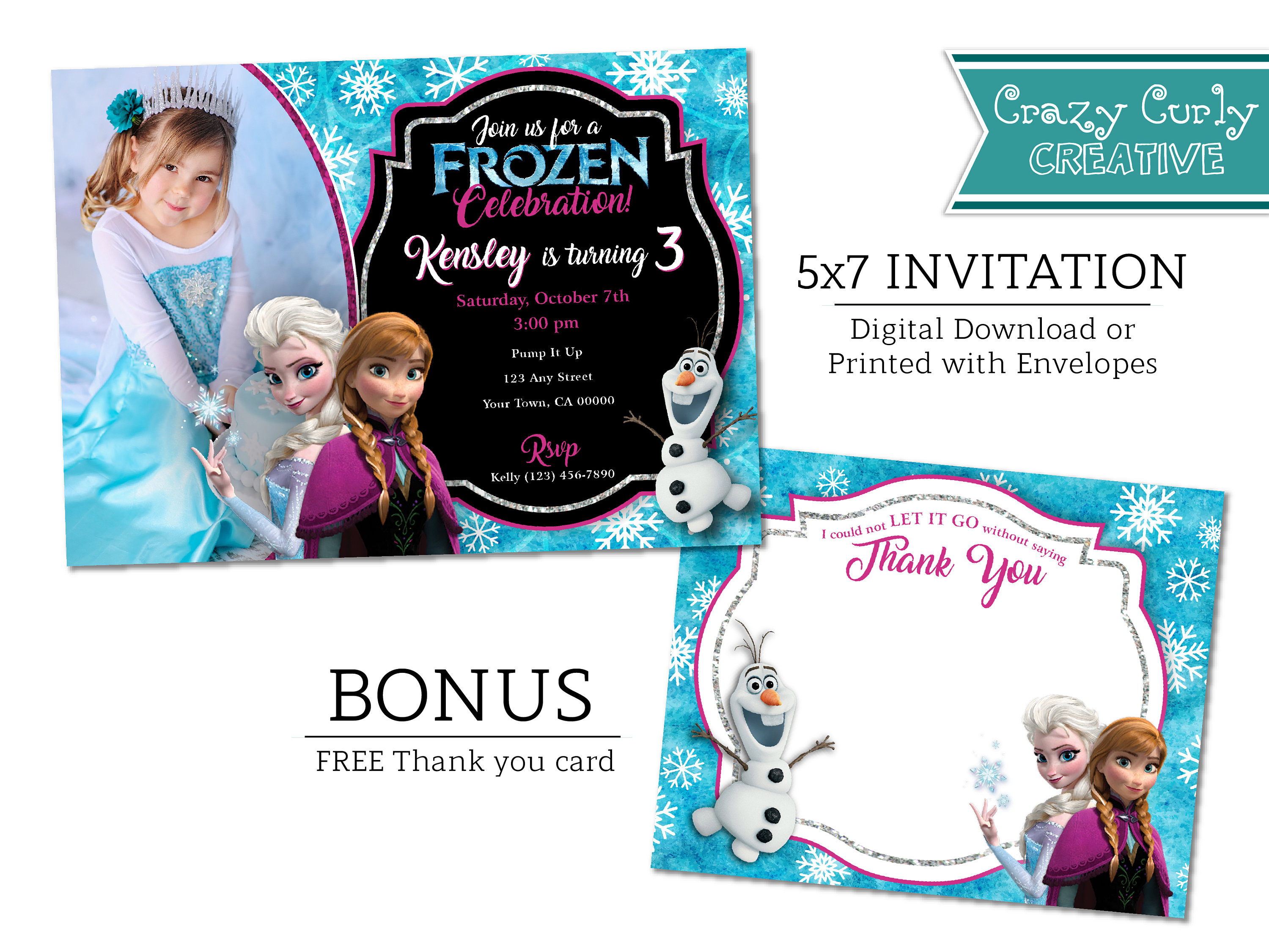 Frozen Anna and Elsa Invitation, FREE Thank You Card, Frozen Birthday ...