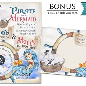 Mermaid and Pirate Invitation, Mermaid and Pirate Birthday Invitation, Pirate and Mermaid Invitation, Sibling Birthday Invitation, Mermaid