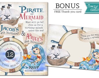 Mermaid and Pirate Birthday Invitation, Sibling Party (Digital or Printed)