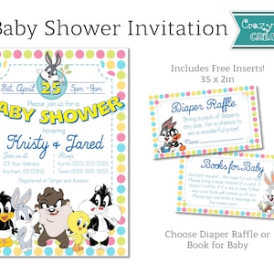 Baby Looney Time Gender Neutral Baby Shower Invitation, FREE Insert Books for Baby or Diaper Raffle, Digital or Printed